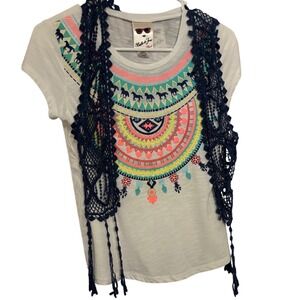 Belle du Jour Girl Top &‎ Crochet Vest Set Horse Print Boho Size Lg Super Cute!!
